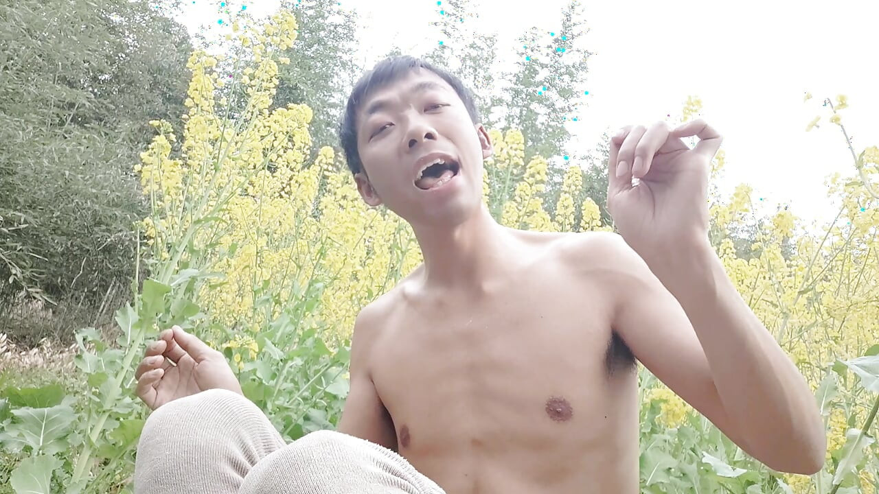 Super Asian boy masturbates, moaning, ejaculating, and swallowing fluids by a golden field