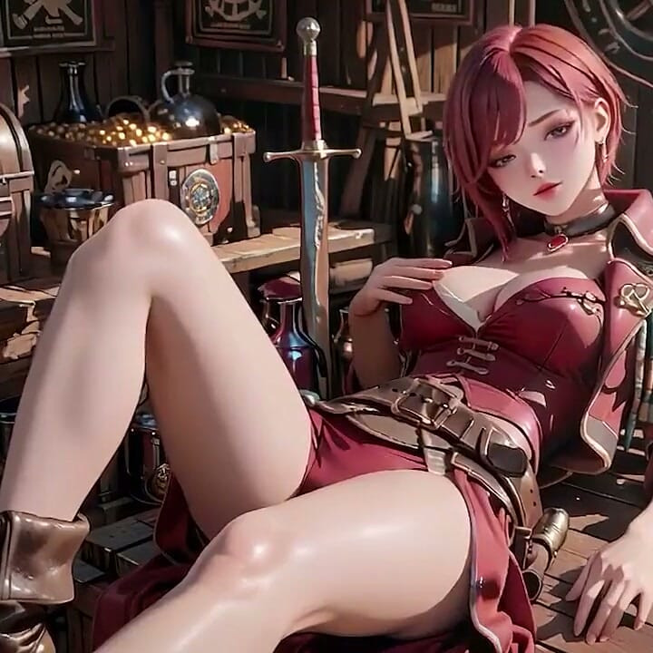 Redhead Pirate Captain! Playing with Her Cutlass in a Vintage Ship Cabin.