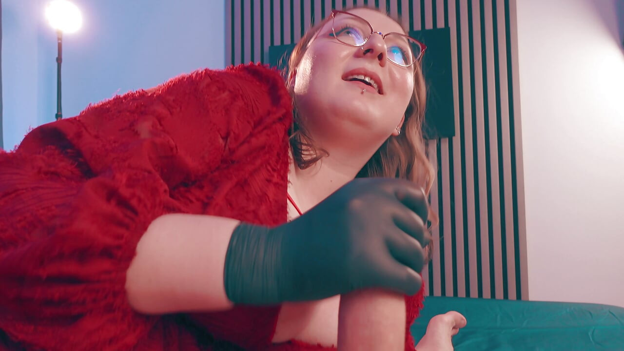 Gloved Handjob Hand Over Mouth - Dominant MILF Medical Gloves Edge & Humiliate Skinny Guy POV