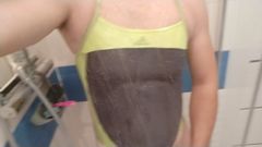 Crossdresser in one piece adidas swimsuit