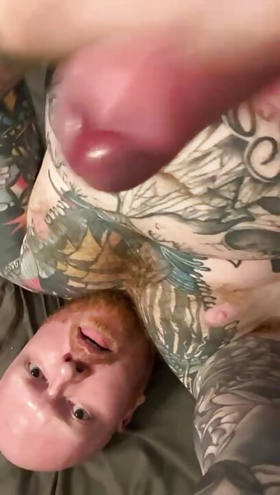 Tattooed slut gives self cum facial.