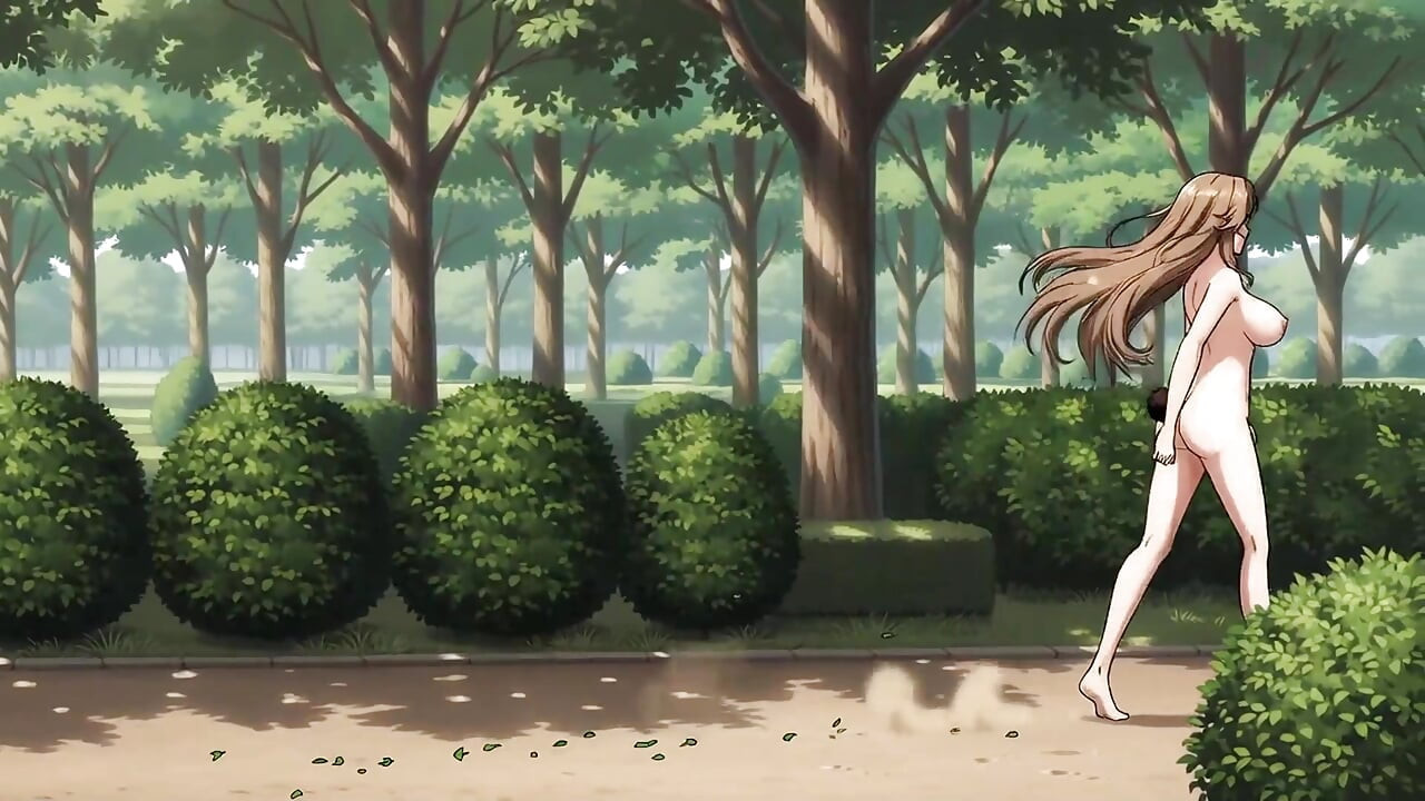 A long-haired young woman running naked in the park