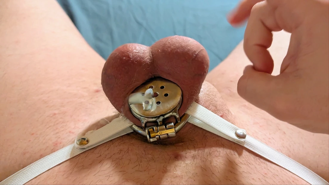 Cum in flat chastity cage from flicking balls