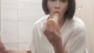 Shemale Ting Xuan melancap dengan dildo di tandas awam