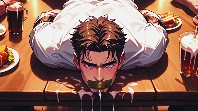 Hot Gay Sex with Waiters in During Dinner. Hard Cock in the Ass and Cum on the Customers' Food.