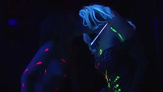 Lesbian sluts in fishnet fuck each other with a dildo