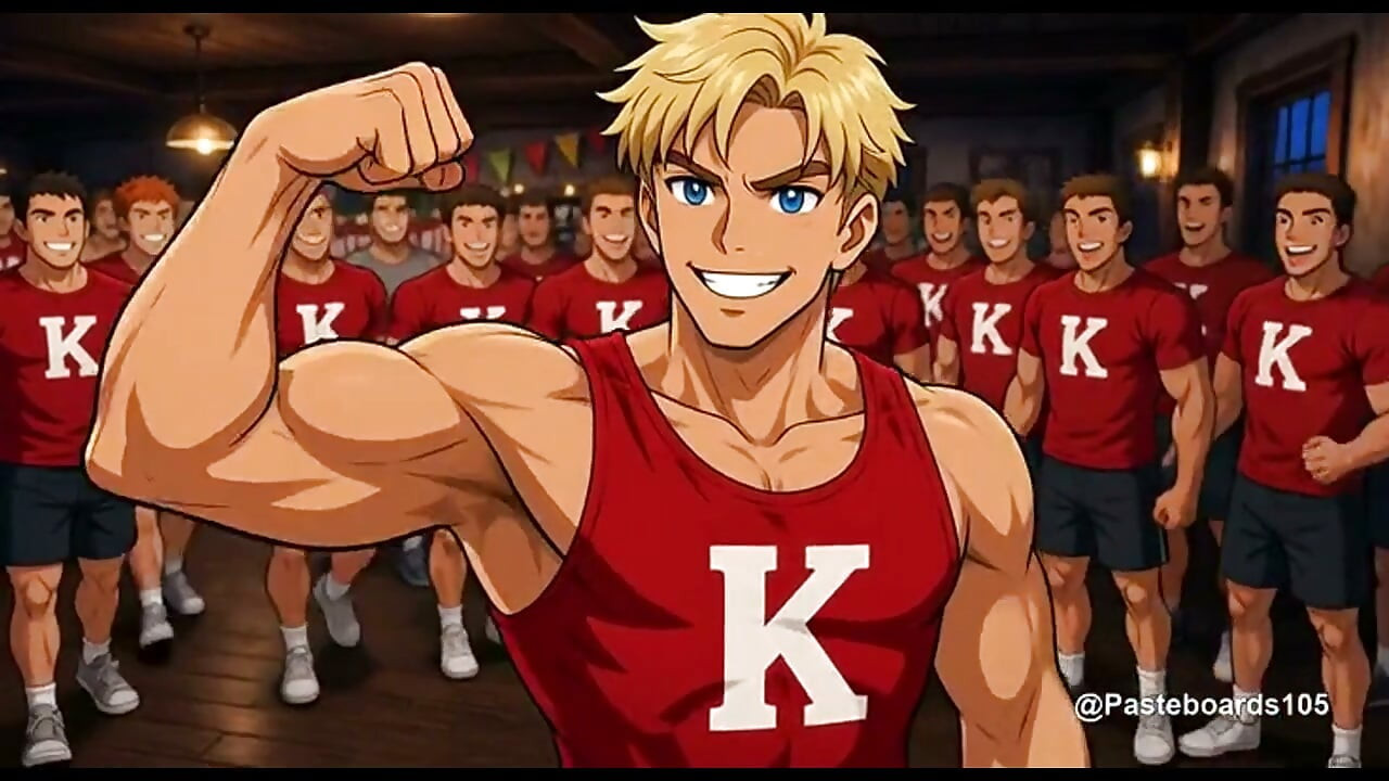 The Bet - Frat Captains Arm-Wrestling Wager, Loser Strapped To The Basement Bench (2D Anime Bara)
