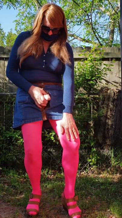 Epic moment from "Cd outdoors, feeling myself, masturbate and cum in my nylon pantyhose and miniskirt."
