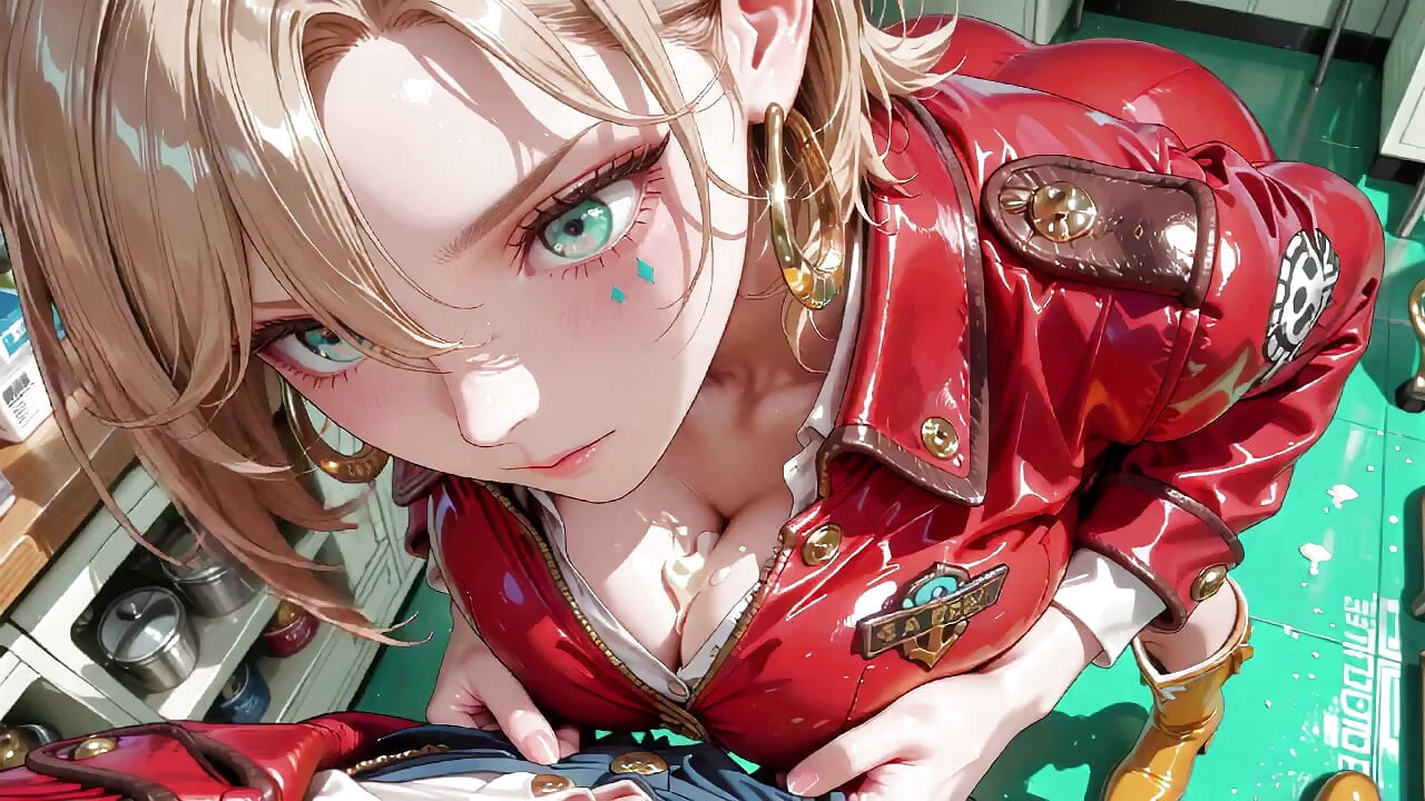 Blonde Commander in the Future Train! Red Patent Leather Uniform Is Insane