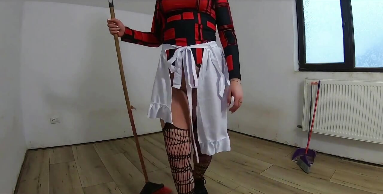 Nympho Maid Masturbates with Broom & Mop While Cleaning an Abandoned House
