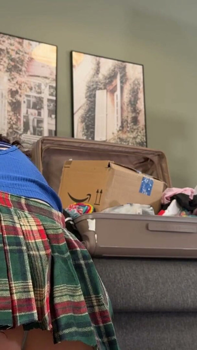 An influencer Tik Tok Girl in finds a dick in her room while making a try on haul for lingerie and short skirts | Clip 2