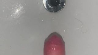 Une bite non coupée jouit dans l'évier après avoir pissé dedans