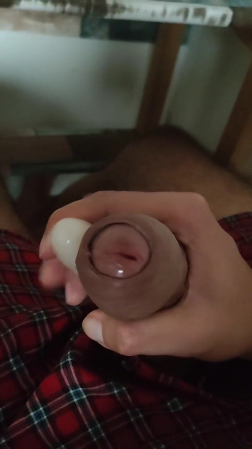 Shooting a big load using a vibrator on my cock  I almost hit my face