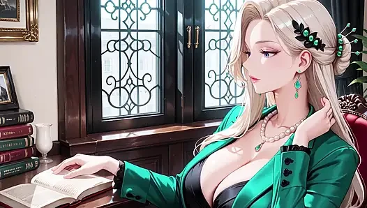 Секретарша в зеленом костюме! Заказанная для организации файлов в кабинете, она намеренно выставляет напоказ ее глубокую V-вырез и длинные ноги.