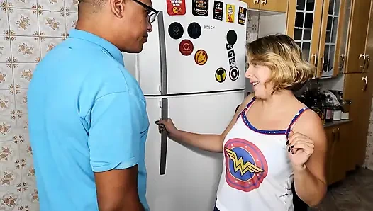 The slut blonde fuck with a BBC cock in kitchen