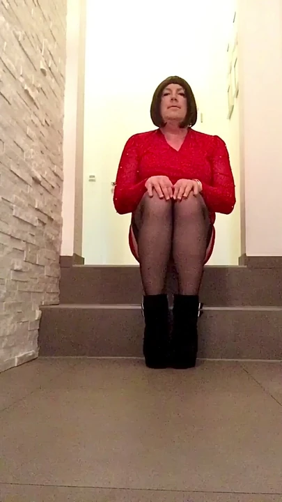 Nicki-Crossdress sexy red Mini-Dress, black Stockings & High-Heels stroking her big Cock