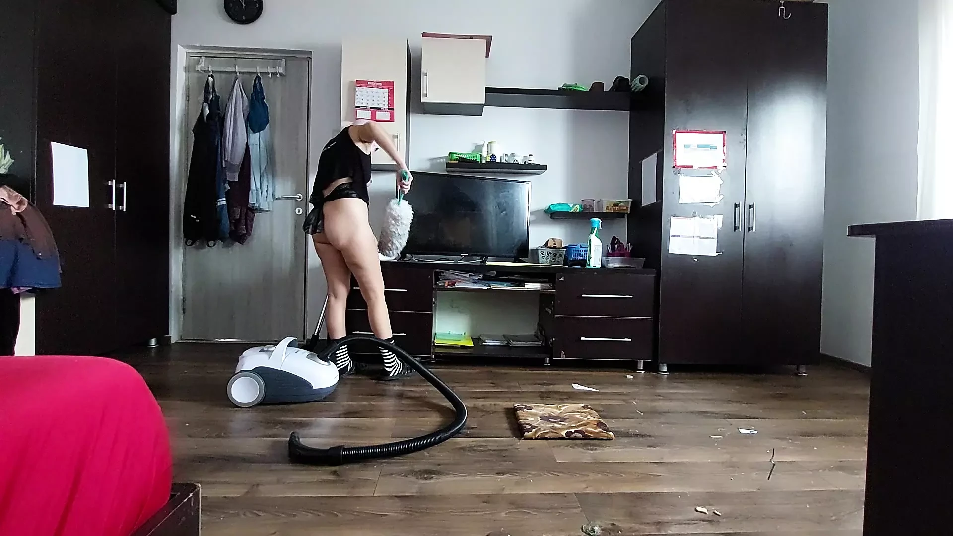 Sexy milf, hairy pussy, big ass, vacuum cleaner in naked house. Latina with big hairy tits.