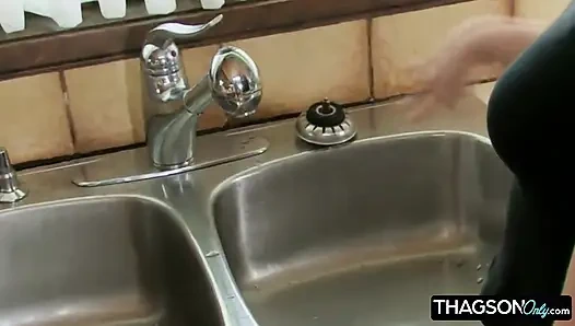 Horny Brunette Masturbates with Kitchen Faucet