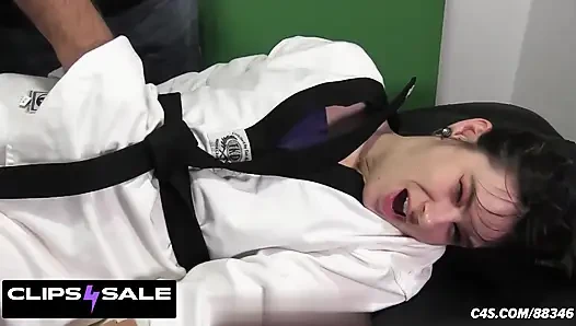 Karate Girl Prone on a Table Tickled in Armpits