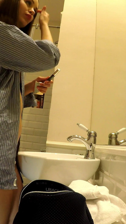 Hot Tight Pussy Horny Brunette with a Shirt Only No Panties No Bra in the Bathroom