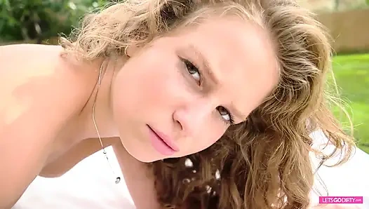 Sexy teen practicing  yoga and masturbating outdoors