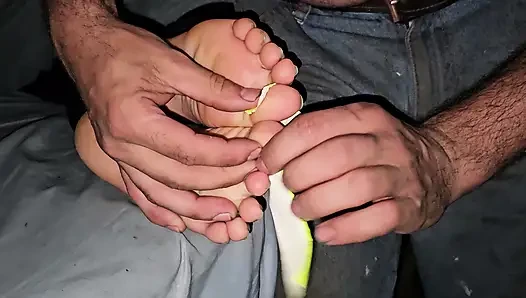 bondage footjob of asian teen feet cum on soles