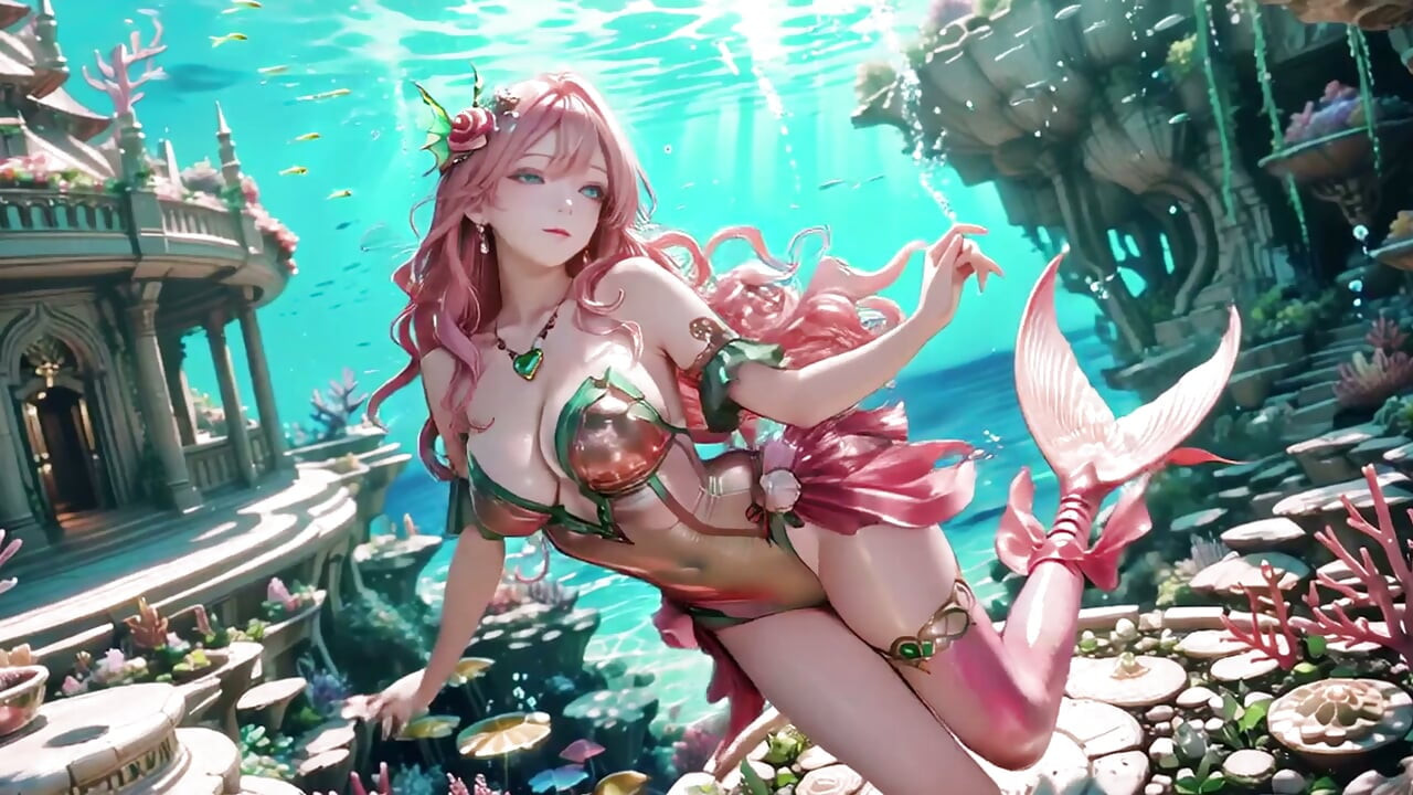 ¡Fantasía en el Mar Profundo! La Reina Sirena de Cabello Rosa descansa en el palacio azul.
