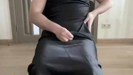 Black satin maxi long fetish black dress on crossdresser sissy cuckold bdsm gay jerking in a silk outfit