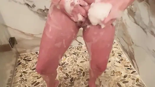 Sexy wife with huge tits plays in shower