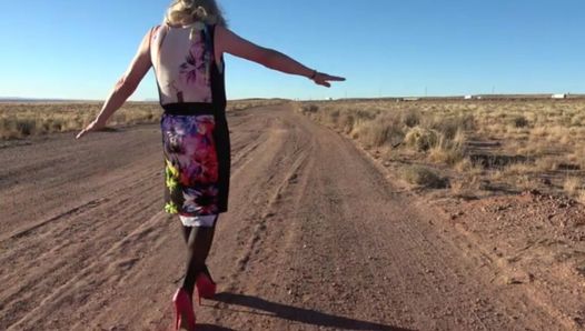 Samantha baila hasta el Eagles song Hotel California, en el desierto, cerca de Winslow Arizona