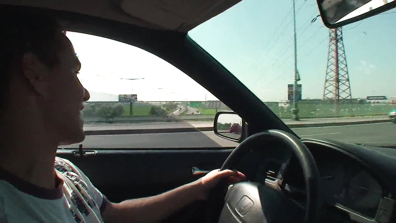 Picked up brunette teen blowing and riding two dicks