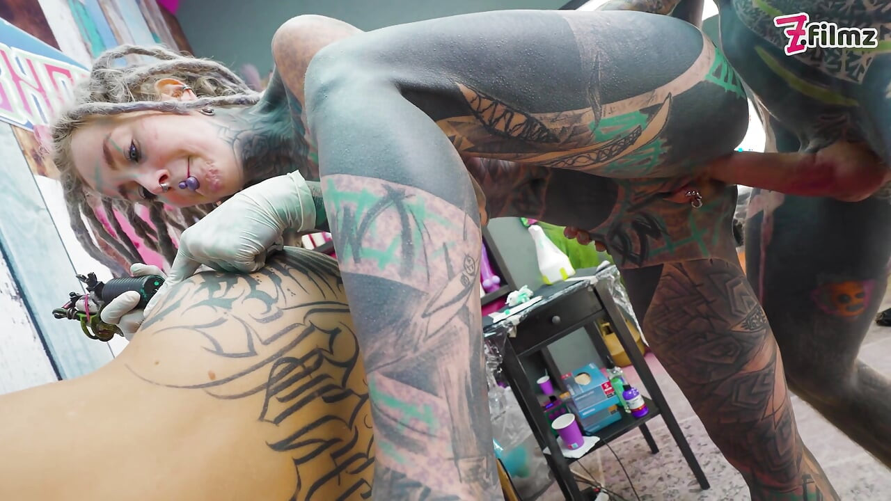 Anal Threesome During Tattoo Session