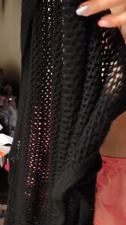 My stepsister allowed me to watch her try on swimsuits in the fitting room. She tries on a lot of swimsuits on her gorgeous tits | Clip 3