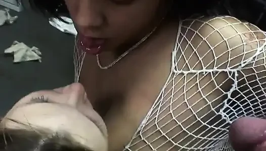 Sexy white girls eat pussy and suck dick while in the office