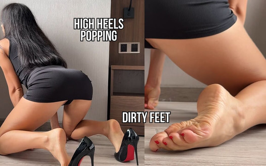 Sepatu hak tinggi muncul, kaki kotor