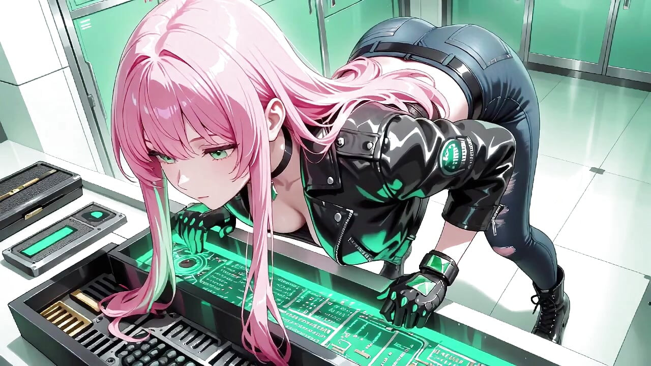 Pink-Haired Leather Tech! Private vibes in a neon-lit cyber corridor.