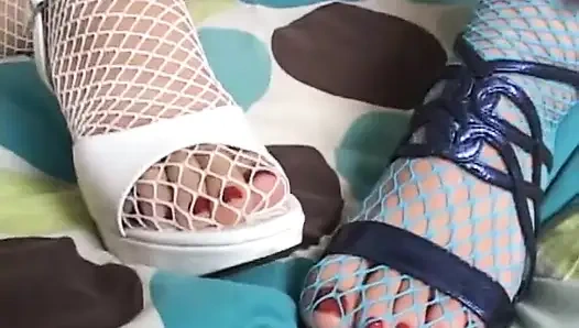 Lesbian fishnet stockings feet licking!