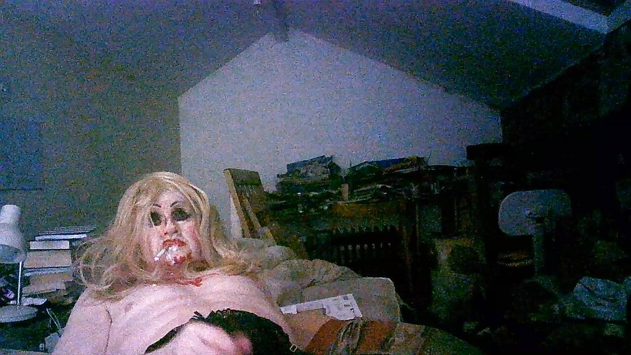 Shameless old cumslut slag Sarah, smokes drinks dogger's cum from used condom and own piss