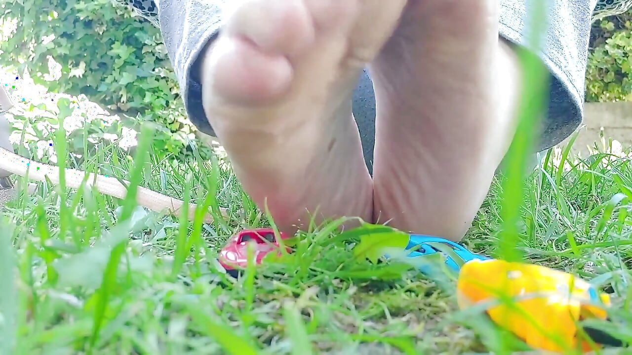 Giantess with Big Sweaty Feet Crushes Toy Cars and Smashes Them All