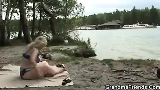 Flabby old granny double dicked near lake