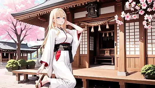Blonde Miko in the Shrine! Taboo Whispers Under Cherry Blossoms, White Skirt Too Revealing!