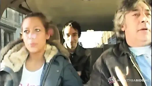 Brunette with Tattoos Gives Blowjob in Car Backseat