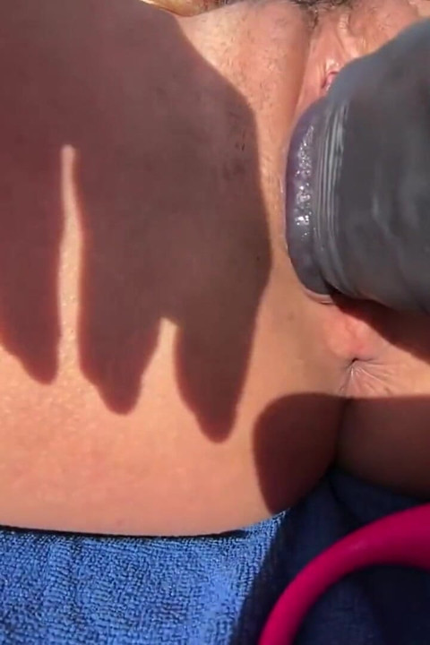 Tattooed Blonde with Big Tits and Hairy Pussy Sucks and Rides a Huge BBC Dildo by the Pool