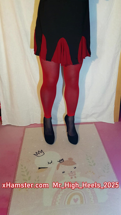 Red with black shoes.