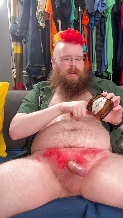 Enjoying a good cock stroke and licking up the cum