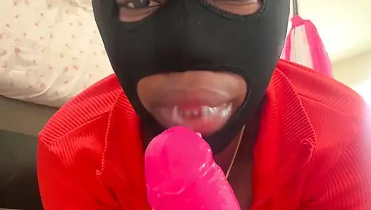 Busty Ebony in Mask Masturbates with a Huge Dildo