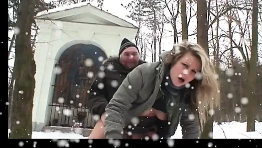 Old Man Fucks a MILF Outdoors and Cums in the Mouth of a Young Girl