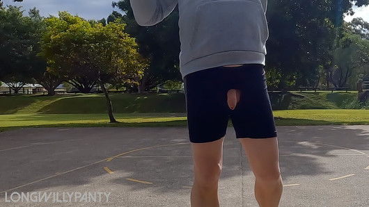 Straight guy playing basketball in public with his dick out.