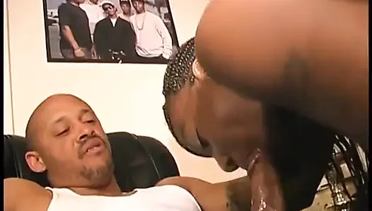 Black skank gets her shaved pussy licked then rides black dick