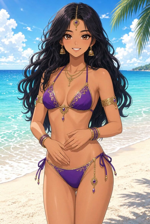 Lilavati Anime Beach Bikini Gentle Stomach Touch and Smile Hot Indian Girl